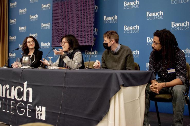 Emanuela Gallo, Caryl Anne Francia, Judah Duke and Hasani Gittens appear at the 2023 New York City High School Journalism Conference as panelists on college journalism.