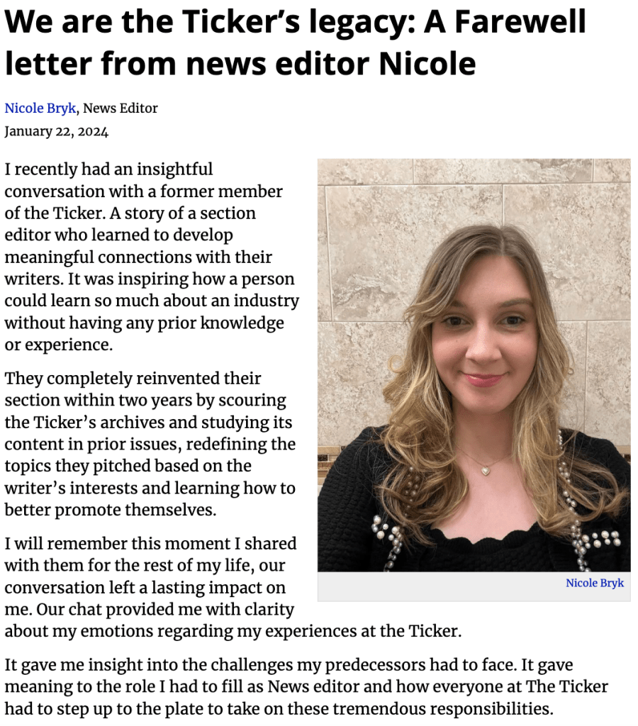 A screenshot of a farewell letter by Nicole Bryk, whose headshot is included.